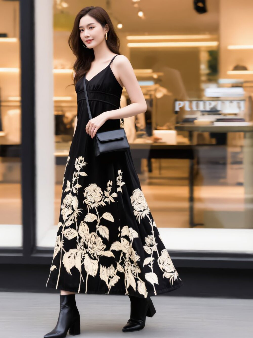 Earth Song Black Rose Border Print Smocked Midi Dress Cotton India, Small